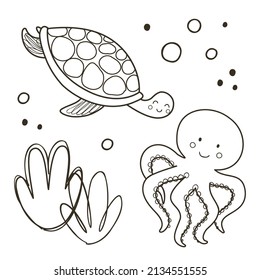 Coloring page with cute octopus and turtle. Outline vector illustration under the sea. Black and white illustration for a coloring book.
