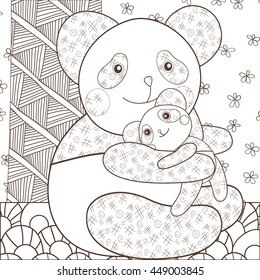 Coloring page cute panda hugging his baby. Whimsical line art vector illustration. brown outline.