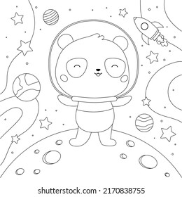 Coloring page with cute panda, planets, moon and stars on space background. Cartoon kawaii animal. Vector illustration for coloring book.