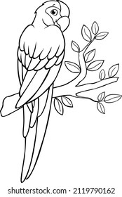 Coloring page. Cute parrot green macaw sits on the tree branch and smiles.