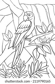 Coloring page. Cute parrot green macaw sits on the tree branch and smiles. There is waterfall in the background.