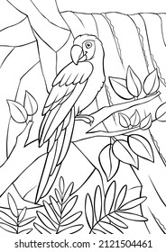 Coloring page. Cute parrot red macaw sits on the tree branch and smiles. There is waterfall in the background.