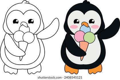 Coloring page cute penguin animals. Vector.