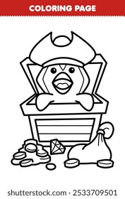 Coloring page of cute penguin comes out of the treasure chest line art underwater worksheet