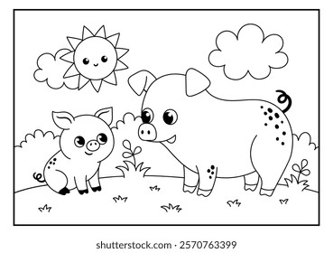 Coloring page with cute pigs in black and white. Vector illustration with mother and baby farm animals in cartoon style.