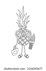 Coloring page with cute pineapple character with ice cream and sunglasses. Outline, vector