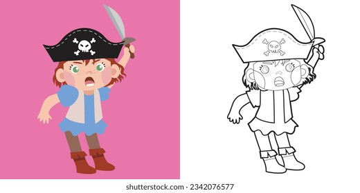 Coloring page the cute pirate boy cartoon character. Educational printable coloring worksheet. Coloring activity for children. Vector outline coloring page kids.