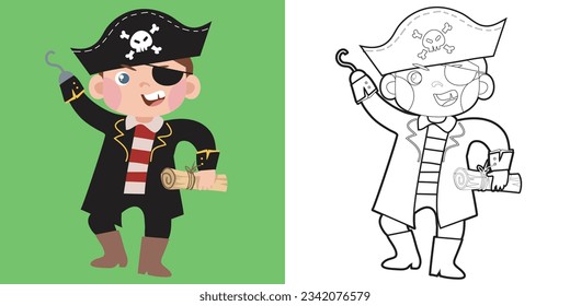 Coloring page the cute pirate boy cartoon character. Educational printable coloring worksheet. Coloring activity for children. Vector outline coloring page kids.