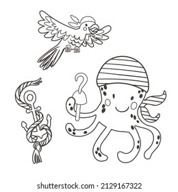 Coloring page with cute pirate octopus, parrot and anchor. Outline vector illustration. Black and white illustration for a coloring book.