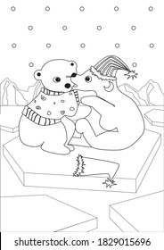 Coloring page with cute polar bear cubs with Christmas hats, knitted sweater in A4 size for coloring for adults. Outline colorless vector stock illustration printable for coloring book