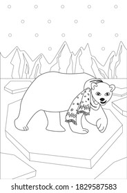 Coloring page with cute polar bear with scarf, snowflakes on an ice floe in A4 format. Outline colorless vector stock illustration with bear as anti stress coloring book for adults