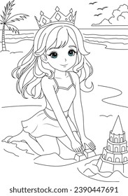 Coloring page cute princess enjoying a day at the beach building sandcastles