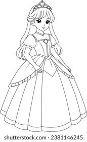 Coloring page cute princess. Flat vector outline for kids coloring book