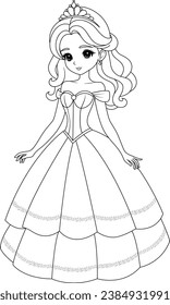 Coloring page cute princess. Flat vector outline for kids coloring book