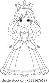 Coloring page cute princess. Flat vector outline for kids coloring book