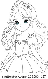 Coloring page cute princess. Flat vector outline for kids coloring book