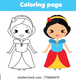 Coloring page with cute princess in kawaii style. Color the picture. Educational children game, drawing kids activity, printable sheet