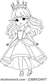 Coloring page of a cute princess for kids. Flat vector outline for kids coloring book	