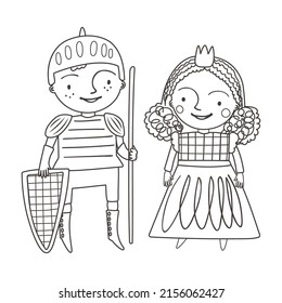 Coloring page with cute princess and knight on white background. Fairy tale black and white contour vector illustration for a coloring book.