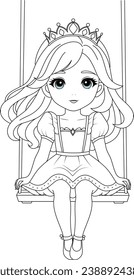 Coloring page a cute princess on a swing beneath