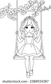 Coloring page a cute princess on a swing beneath