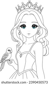 Coloring page of a cute princess and parrot for kids