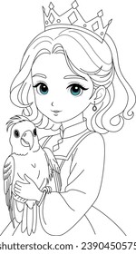 Coloring page of a cute princess and parrot for kids