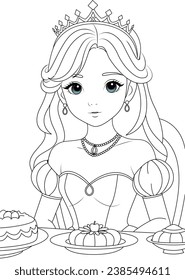 Coloring page cute princess in the party. Flat vector outline for kids coloring book	
