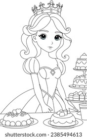 Coloring page cute princess in the party. Flat vector outline for kids coloring book	
