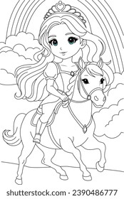 Coloring page cute princess riding horse on the magical rainbow