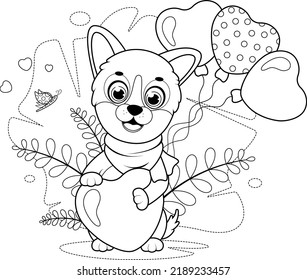 Coloring page. Cute puppy with a butterfly, hearts and balloons