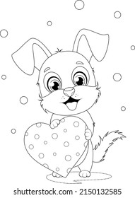 Coloring page. Cute puppy holding a heart