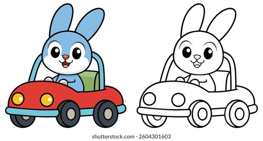 Coloring page cute rabbit driving on car cartoon with outline and sample colored in illustration