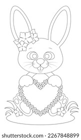 Coloring page of a cute rabbit holding a heart.