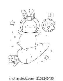 Página de coloreo con conejo lindo en la nave espacial zanahoria. Conejo de caricaturas. Luna dibujada a mano con bandera. Ilustración vectorial en blanco y negro.