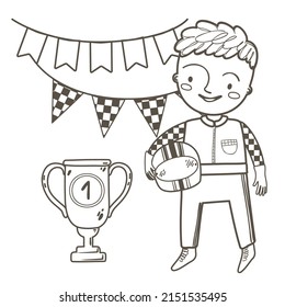 Coloring page with cute racer and win cup on white background. Race car black and white contour vector illustration for a coloring book.