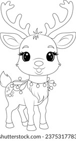 Coloring page a cute reindeer tangled in Christmas lights