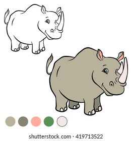 Coloring page. Cute rhinoceros stands and smiles.