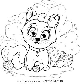 Coloring page. A cute romantic kitten with hearts