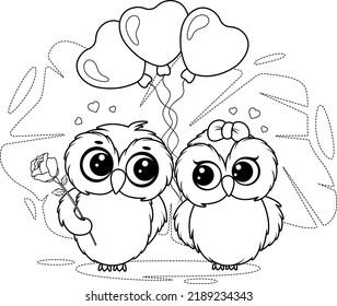 Coloring page. Cute and romantic owls with rose and balloons