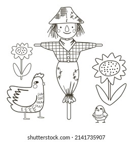 Coloring page with cute scarecrow, sunflowers, hen and chick. Farm black and white contour vector illustration for a coloring book.