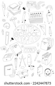 Coloring Page - Cute School Supplies. Vector, kawaii