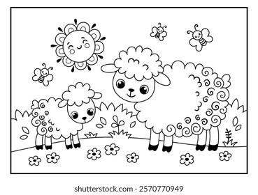 Coloring page with cute sheep family. Vector black and white illustration with mother and baby farm animals. Cartoon style.