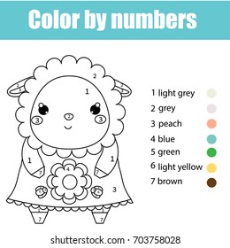 Coloring page with cute sheep, lamb character. Color by numbers educational children game, drawing kids activity, printable sheet