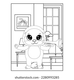 Coloring page with cute Sloth -Cute cartoon coloring page with sloth army sloth