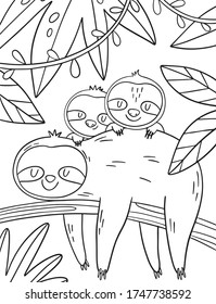 Coloring page with cute Sloth mom and baby. Monochrome vector illustration with sloth.