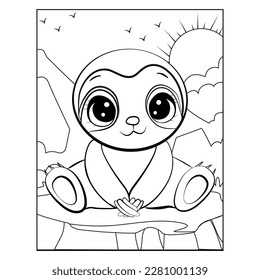 Coloring page with cute Sloth. Monochrome vector illustration with sloth. Coloring page with cute Summer Sloth.
