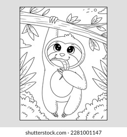 Coloring page with cute Sloth. Monochrome vector illustration with sloth. Coloring page with cute Summer Sloth.