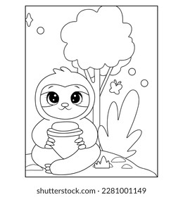 Coloring page with cute Sloth. Monochrome vector illustration with sloth. Coloring page with cute Summer Sloth.