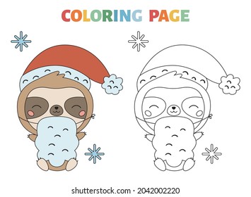 Página de color con un lindo perezoso disfraz de Santa Claus. Caricatura de Kawaii. Animales de la selva. Libro de invierno para niños. Feliz Año Nuevo ilustración vectorial.